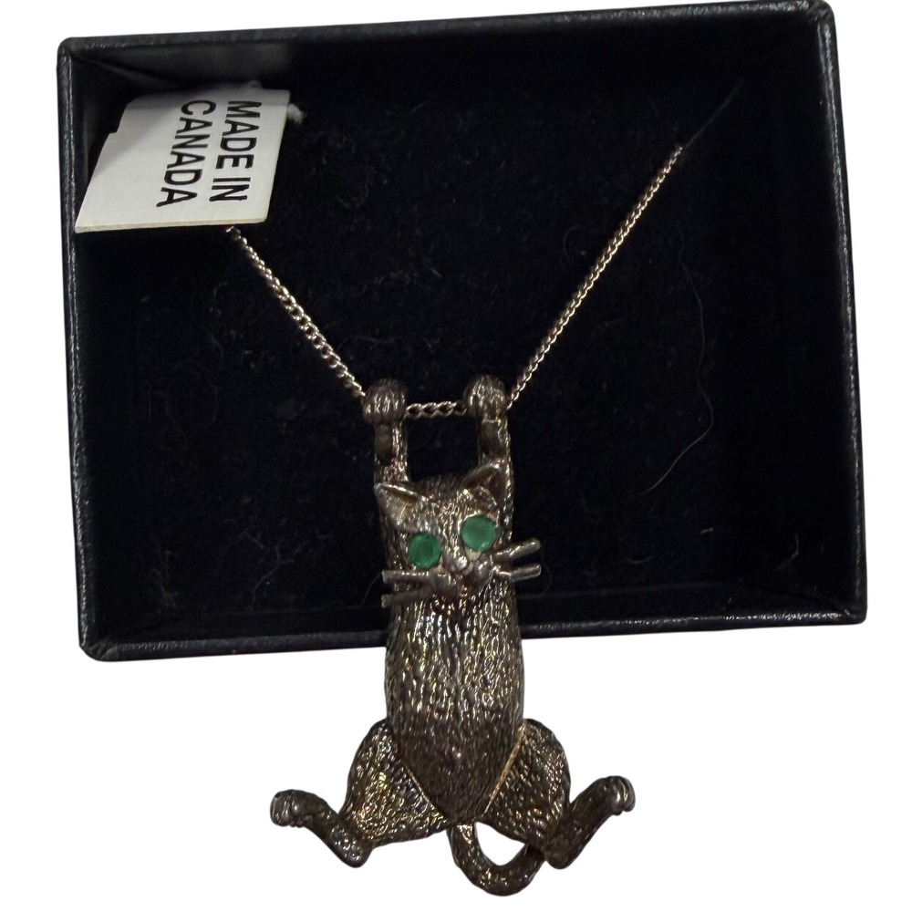 New Vintage 925 Silver Chain w/ Hanging Cat Pendant Necklace Green Eyes